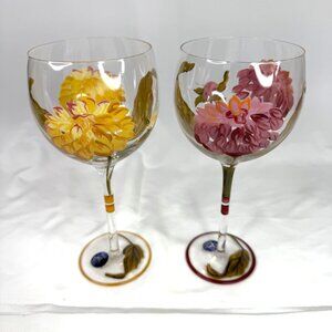 2 BLOCK Basics Hand Painted Floral Balloon Wine Goblets Glass Mum Yellow Pink